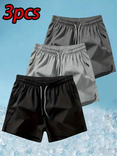 Bộ 3 quần short thể thao thường ngày màu trơn, thoáng khí, có dây rút, dành cho bé trai, thích hợp mặc mùa hè.