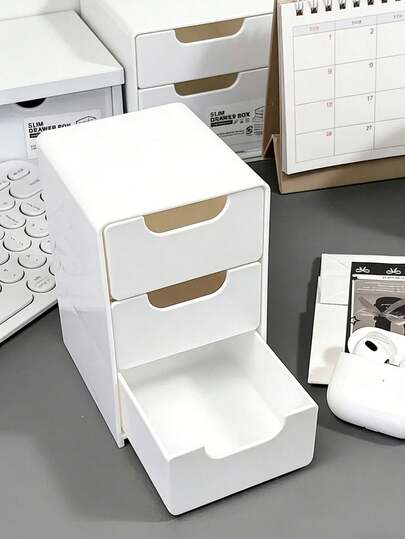 Caja de almacenamiento con estilo de cajón de 3 niveles: un organizador portátil de suministros de oficina, joyas y cosméticos. Diseñado con compartimentos multifuncionales, apilable y ligero, adecuado para uso doméstico u oficina como organizador de escritorio o cajón para manualidades y accesorios.