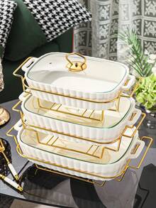 WGROOM 3pcs (1 Pot, 1 Lid, 1 Iron Rack) Ceramic Dish Cookware Set, Suitable For Cooking Stockpots, Saucepans, Tableware, Kitchen, Dining Room, Living Room, Bread, Turkey, Cheese, Pizza, Outdoor, Wedding, Party, Gift, Birthday - View 1