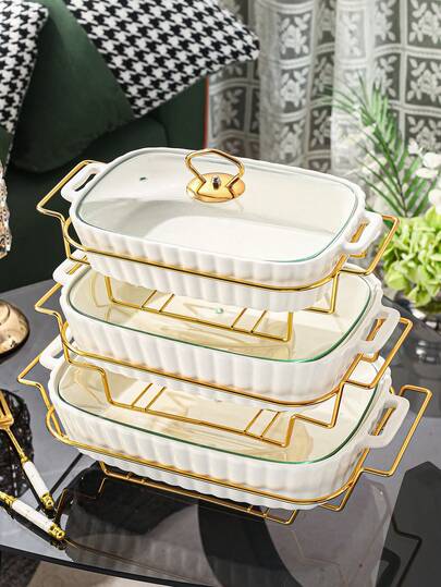3pcs (1 Pot, 1 Lid, 1 Iron Rack) Ceramic Dish Cookware Set, Suitable For Cooking Stockpots, Saucepans, Tableware, Kitchen, Dining Room, Living Room, Bread, Turkey, Cheese, Pizza, Outdoor, Wedding, Party, Gift, Birthday