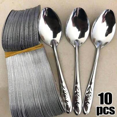 10Pcs Stainless Steel Spoon Set, Mirror Polished Reusable Dinner Spoons, Multipurpose For Soup Dessert, Durable Tableware For Home Kitchen, Parties, Restaurants & Cafeterias, Elegant Daily Dining Utensils
