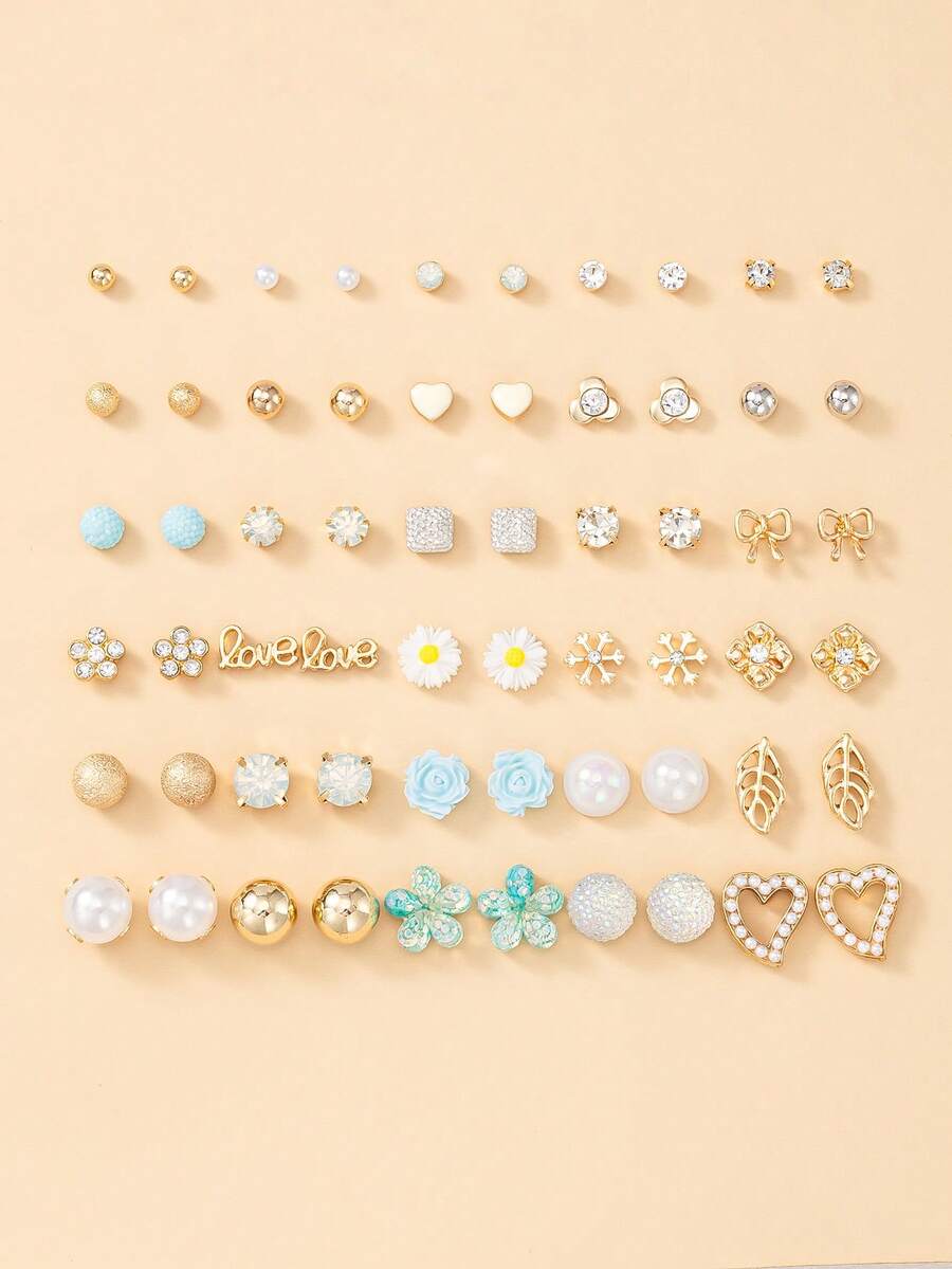 30 paires/set de boucles d'oreilles à tige assorties mignonnes avec motifs de marguerite, nœud, flocon de neige. Ensemble de boucles d'oreilles polyvalent pour femmes, convenant pour un usage quotidien, décontracté, rendez-vous, voyage, vacances, cadeau pour les amis - Multicolore - Voir 1