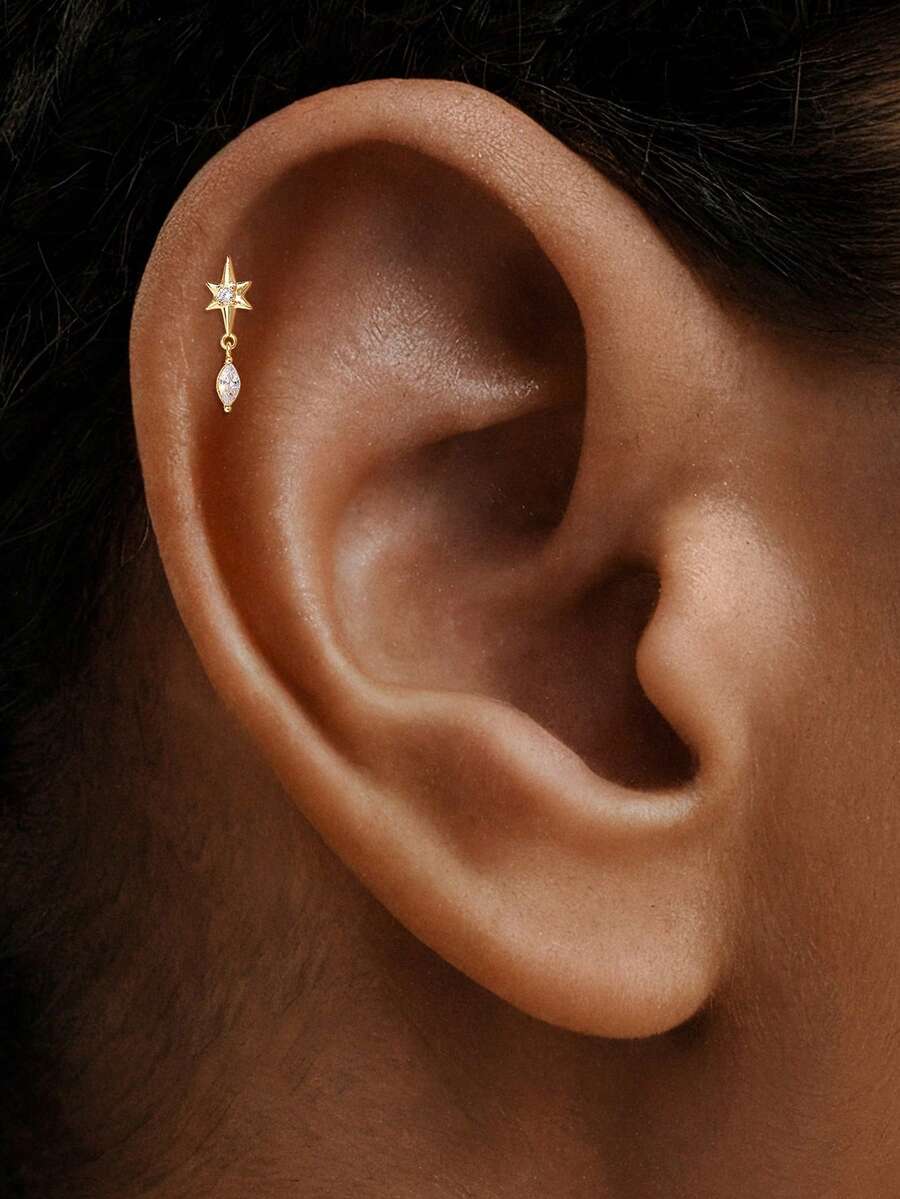 1pc 925 Sterling Silver Delicate Starburst CZ Drop Flat Stud Earrings, Waterproof Anti-Oxidation Minimalist Elegant Starry Sky Ear Cartilage Earlobe Earrings, Unisex Daily Wear Wedding Party Gift, Hypoallergenic