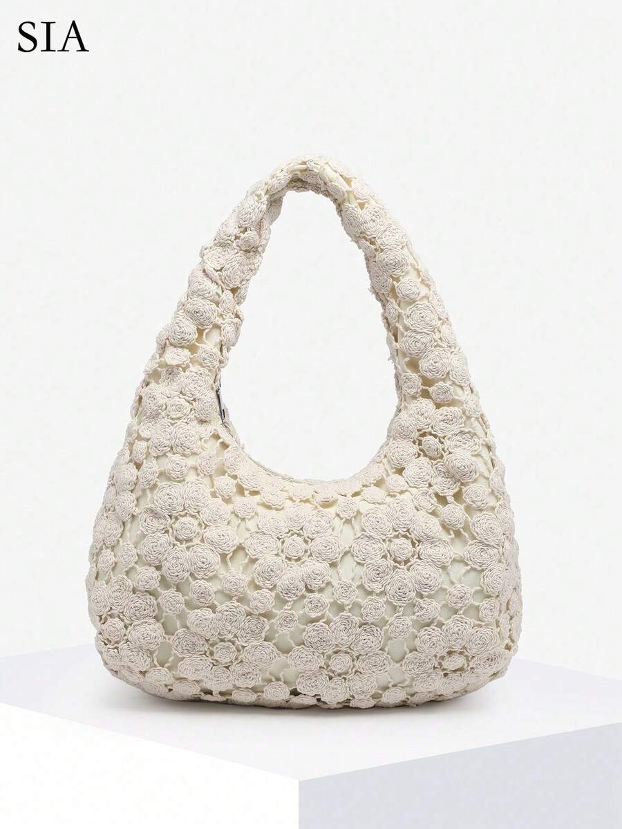 1pc Women's Retro Punk Boho Style Ocean Decor Beach Bag, Crocheted Rivet Oiled Leather Large Capacity Shoulder Satchel, Suitable For Outings, Parties And Daily Wear - Beige - View 1