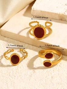 3-teiliges elegantes geometrisches Ring-Set aus Edelstahl, 18K vergoldet, mit rotem Öltropfen-Herz und Blumen, geeignet für den täglichen Gebrauch von Frauen, Valentinstag - Bordeaux - Übersicht 8