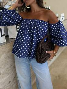 Women's Polka Dot Contrast Color Pleated Off-Shoulder Top, Suitable For Beach And Daily Wear, Spring/Summer - Royal Blue - View 2