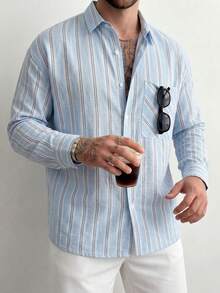 宽松版型涤纶男士衬衫，春夏竖条纹长袖，落肩休闲通勤上衣 - 彩色 - 查看 1
