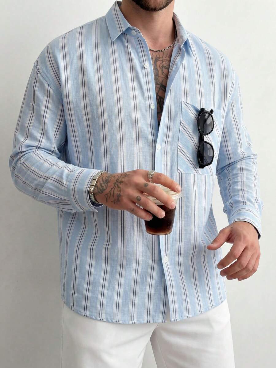 宽松版型涤纶男士衬衫，春夏竖条纹长袖，落肩休闲通勤上衣 - 彩色 - 查看 1