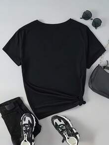 Plus-Size Women's Casual V-Neck T-Shirt With Leopard Print Heart Pattern – Suitable For Spring, Summer, And Autumn, This Casual Short-Sleeve Top Is Machine Washable And Comes In Various Styles, Perfect For Everyday Wear. Women's T-Shirt, Fashion Item, Stretch Fabric - 黑色 - 查看 3