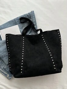 1pc New Black Fashion Women's Handbag, Solid Color Suede Patchwork Large Capacity Rivet Shoulder Bag, Minimalist Chic Versatile Elegant Tote - Black - View 10