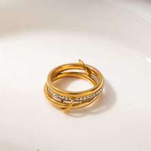 One Stainless Steel Interlocking Full-Diamond Three-Ring Two-Tone Multi-Element New Every - Gold - View 2