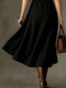(No Belt Included) Spring/Summer Solid Color Shirt Midi Dress, Vintage Loose Long Dress Design Elegant Black - Black - View 7