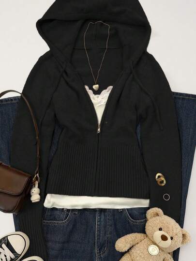 Chaqueta de punto con capucha con cremallera, de corte ajustado y estilo casual y lindo para mujer, de manga larga con cordón, versátil para uso diario y estilo de calle Y2K, color negro, para otoño/invierno