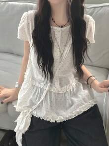 波点纽扣荷叶边泡泡袖休闲百搭上衣（不含手提包）白色夏季 - 白色 - 查看 6