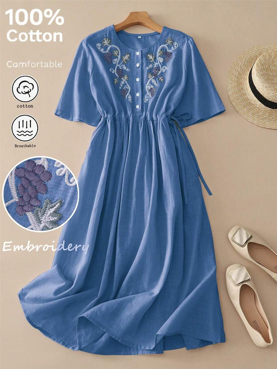 Women's Loose Waist Drawstring Vintage Embroidered Vacation Dress, Spring/Summer Elegant - Dusty Blue - View 1