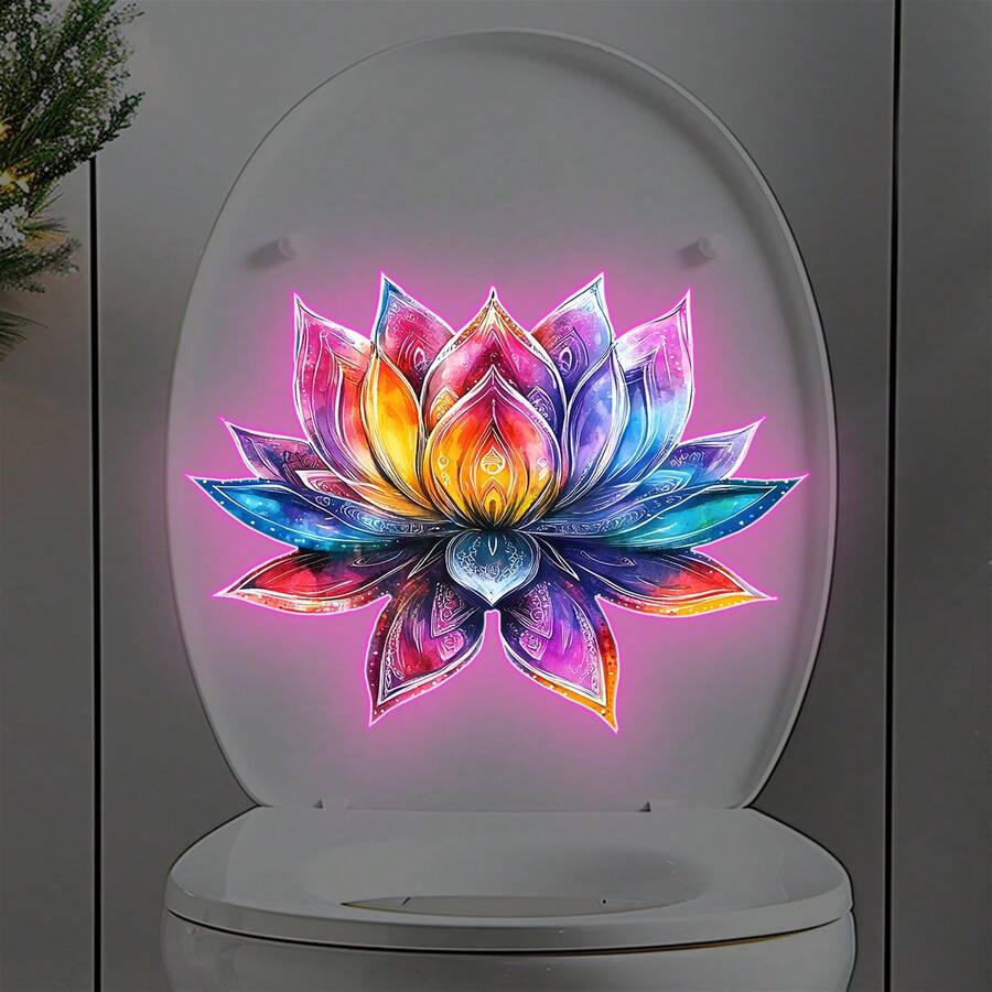1pc Glow-In-The-Dark Colorful Lotus Flower Removable Waterproof Sticker, Suitable For Bathroom, Toilet - Pink Glow, Vibrant Colors, Lotus Stickers - View 1