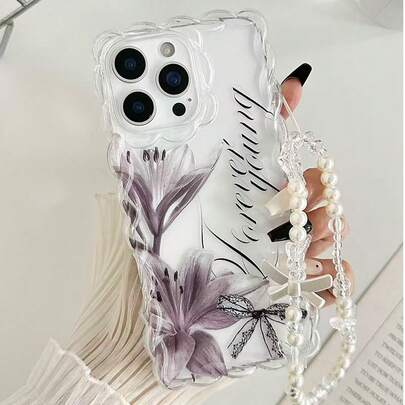 蝴蝶百合花卉彩绘编织波浪边简约优雅TPU彩绘防震手机壳，配串珠手链配件，兼容 17 Pro/17 Air/17/17 Pro Max、16/11/16 Pro/16 Plus/16 Pro Max/16 e/15 Pro Max/13/14/12/XS/XR/7G/8 Plus/XR/7/8、15 Pro Max、13、14、11，柔软保护壳