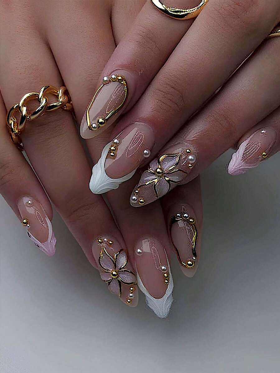 24pcs French Almond Shaped Glossy Acrylic False Nails, Medium Length, 3D Floral Gold Line Decor, Wavy Rhinestone Design, Fashionable Y2K Minimalist Style, Suitable For Women & Girls Daily Wear - Multicolor - View 1