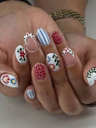 Bộ 24 móng giả acrylic hình bầu dục kiểu Talavera Mexico, họa tiết hoa và sọc, chất liệu mờ, kèm theo 1 gel dán và 1 dũa móng, phù hợp cho nữ giới sử dụng hàng ngày, các dịp lễ hội và tiệc tùng. Phụ kiện làm móng