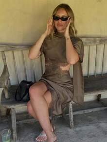 Vestido midi de cintura alta con calado de encaje, vestido asimétrico de longitud media con ajuste y ribete de encaje elegante - Café integral - Ver 6