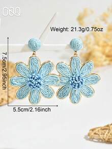 1 Pair Handmade Raffia Flower Earrings, Boho Beach Style, Sunflower Design, Fashion Earrings For Women, Suitable For Weddings, Parties, Holidays, Gifts For Lovers And Friends - Blue - View 3