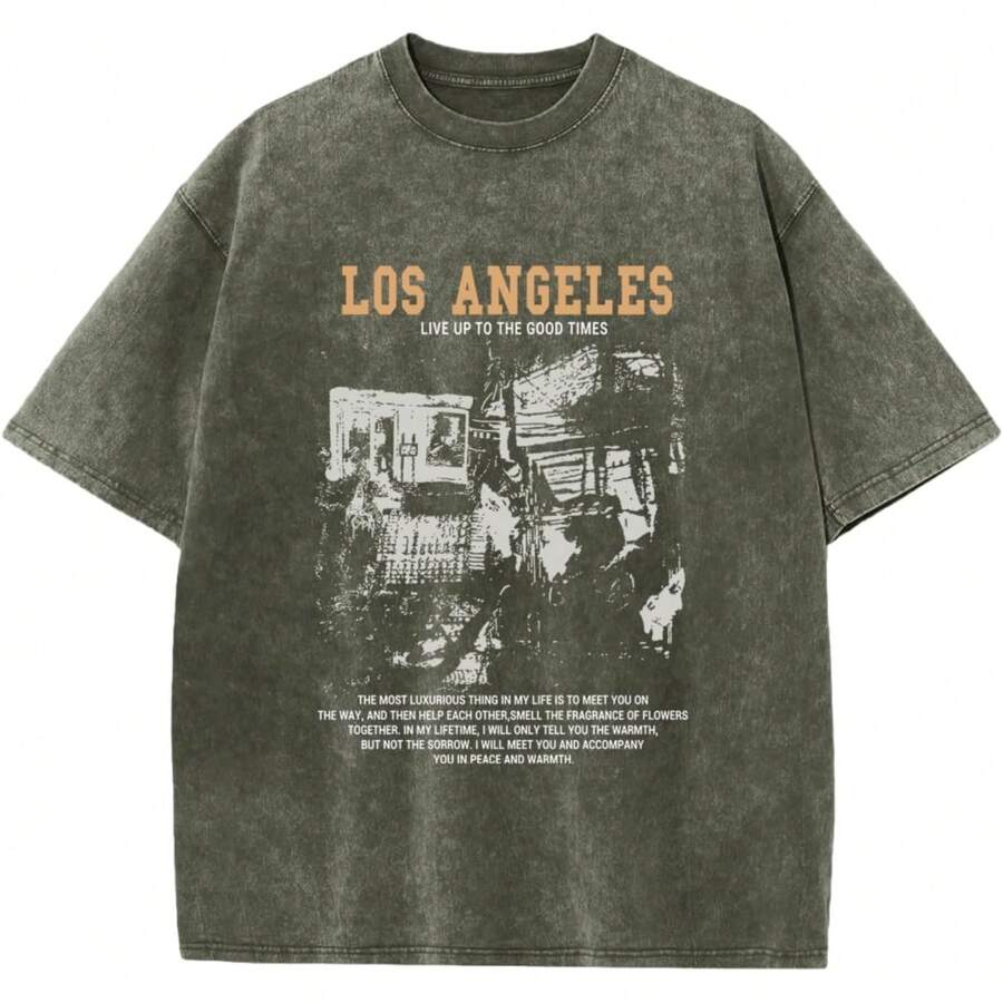 Oversized Graphic Tshirts For Men Acid Wash Los Angeles Vintage Tees Streetwear Baggy Cotton Shirts Casual Topswinter Clothes For Women - 綠色 - 查看 1
