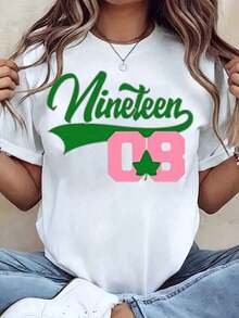 Women T Shirt Nineteen 08 Green And Pink Clover Print Round Neck Casual Loose Fit Tee For College Sorority Gift Aka Sorority 220g2026 - trắng - Xem 1