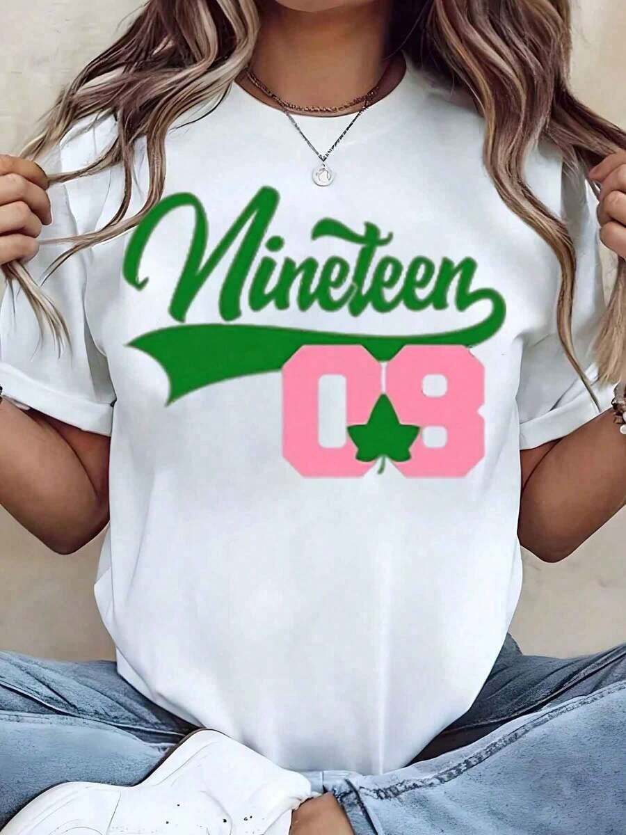 Women T Shirt Nineteen 08 Green And Pink Clover Print Round Neck Casual Loose Fit Tee For College Sorority Gift Aka Sorority 220g2026 - trắng - Xem 1