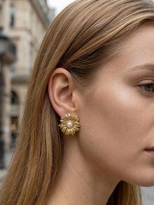 5/9 Pairs Women's Gold Pearl Stud Earrings Set, Made Of High-Quality Stainless Steel With Advanced Vacuum Plating, Replicating Luxurious Gold Jewelry Feel, Excellent Waterproof, Hypoallergenic And Fade-Resistant Performance, Skin-Friendly And Comfortable To Wear - Multicolor - View 2