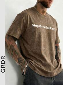 GRDR 男士复古印花水洗短袖T恤，1件装，适合夏季穿着，舒适透气，引领时尚潮流 - 棕色 - 查看 3