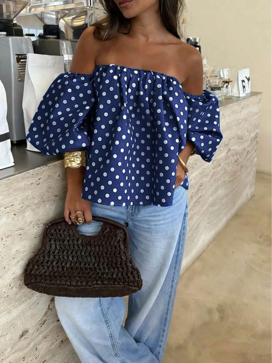 Women's Polka Dot Contrast Color Pleated Off-Shoulder Top, Suitable For Beach And Daily Wear, Spring/Summer - Royal Blue - View 1