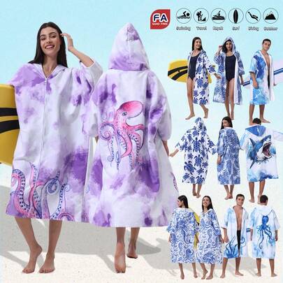 Unisex Quick-Dry Zipper Sleeve Surfing Poncho Changing Robe Hoodie, Ultra-Fine Fiber Beach Diving Wetsuit Top Surfing Swimming Bathrobe - One Size