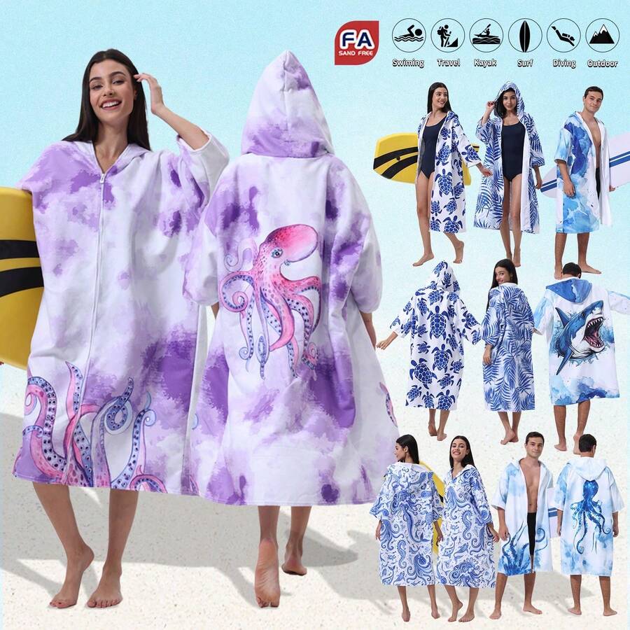 Unisex Quick-Dry Zipper Sleeve Surfing Poncho Changing Robe Hoodie, Ultra-Fine Fiber Beach Diving Wetsuit Top Surfing Swimming Bathrobe - One Size
