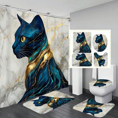 1件/4件套猫咪大理石纹浴室装饰浴帘套装，赠送12个挂钩，营造优雅假日氛围，包含浴室地垫、U型马桶垫和圆形马桶垫，适用于各种场合。