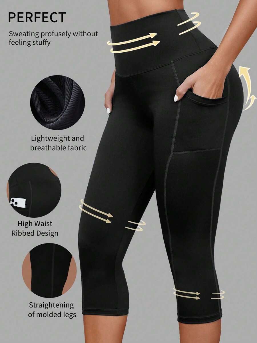 1pc Spring/Summer Capri Length Yoga Compression Capri Pants, Waist & Stomach Slimming, Casual Sports Leggings With Side Pockets - Black - View 1