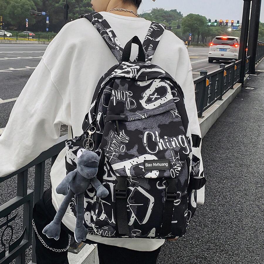 中学生用リュックサック、メンズブランドリュック、高校生・大学生用グラフィティ柄リュック、男子中学生用大容量リュック - ブルー - チェックする 1