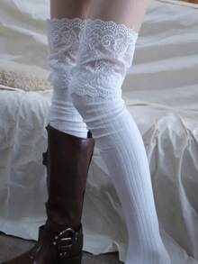 1双白色过膝蕾丝靴袜，女士长筒保暖袜，Y2K风格长袜，适合春秋冬季穿着 - 白色 - 查看 6