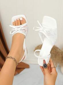 夏季新款软皮方头凉鞋，网眼透气蝴蝶结粗跟拖鞋，百搭厚底拖鞋，女士白色高跟鞋 - 白色 - 查看 4
