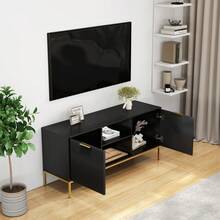Modern TV Stand With Wave-Design Doors, Open Compartment And Adjustable Shelf, Stylish Functional Entertainment Center Storage Cabinet For Living Room Home Decor - Black+Gold - View 9