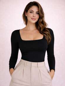 Long-Sleeved Women's Blouse In Supplex Fabric, Casual, Elegant, Chic, Basic, Comfortable, Warm, Square Neckline, Fashionable And  For Autumn/Winter 2026. Available In Burgundy, Brown, Off-White, Black, Military Green, And Navy Blue. - 黑色 - 查看 3