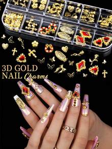 4 cajas de set de encantos y gemas para uñas, perlas planas y rhinestones, rosas doradas, formas de corazón, cruces y Virgen María con bolígrafo y pinzas para decoración de uñas en estilos Y2K o maquillaje - Dorado - Ver 2