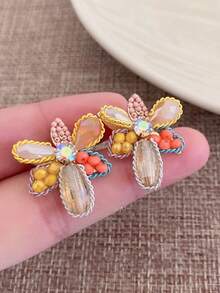 1pair Alloy Faux Jade & Faux Pearl & Flower Design Stud Earrings For Ladies, Perfect For Date Or Party Valentines - Multicolor - View 5