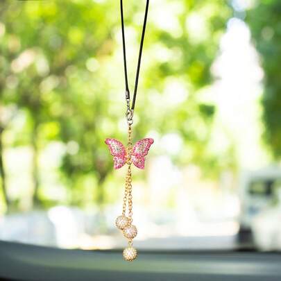 闪亮水晶蝴蝶汽车挂饰，奢华流苏后视镜装饰，可爱女士汽车内饰配件