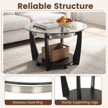 GOFLAME Rolling Glass Coffee Table With Wheels, 81CM 2-Tier Round Center Table With Storage Shelf & Solid Rubber Wood Legs, Modern Cocktail Tea Table For Living Room, Home Office - Black - View 8