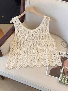 Áo tank top nữ móc len khoét lỗ, áo tank top không tay họa tiết hình học, trang phục thường ngày phong cách boho cổ điển cho mùa hè và kỳ nghỉ. - Màu be - Xem 3
