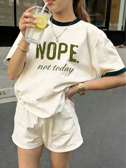 少女休闲撞色圆领短袖T恤，夏季上衣