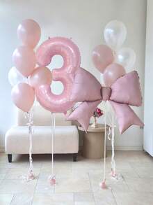14pcs 40-Inch Pink Number Balloon Set, Large Pink Bow Foil Balloon, Pearl White & Light Pink Latex Balloons, 0-9 Number Shaped Balloons Suitable For Birthday Party, Baby Shower, Anniversary Decoration - Pink - View 3