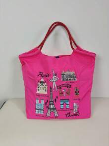 1个新款时尚多功能刺绣埃菲尔铁塔图案大容量手提包，轻便尼龙可折叠托特包 - 彩色 - 查看 5
