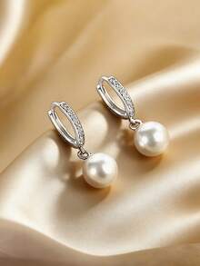 1 Đôi bông tai mặt dây chuyền ngọc trai bằng bạc Sterling S925, đính đá Cubic Zirconia tổng hợp, kiểu dáng cổ điển Pháp sang trọng, tinh tế, phù hợp cho phụ nữ đeo hàng ngày, trang sức độc đáo. - ngọc trai - Xem 8