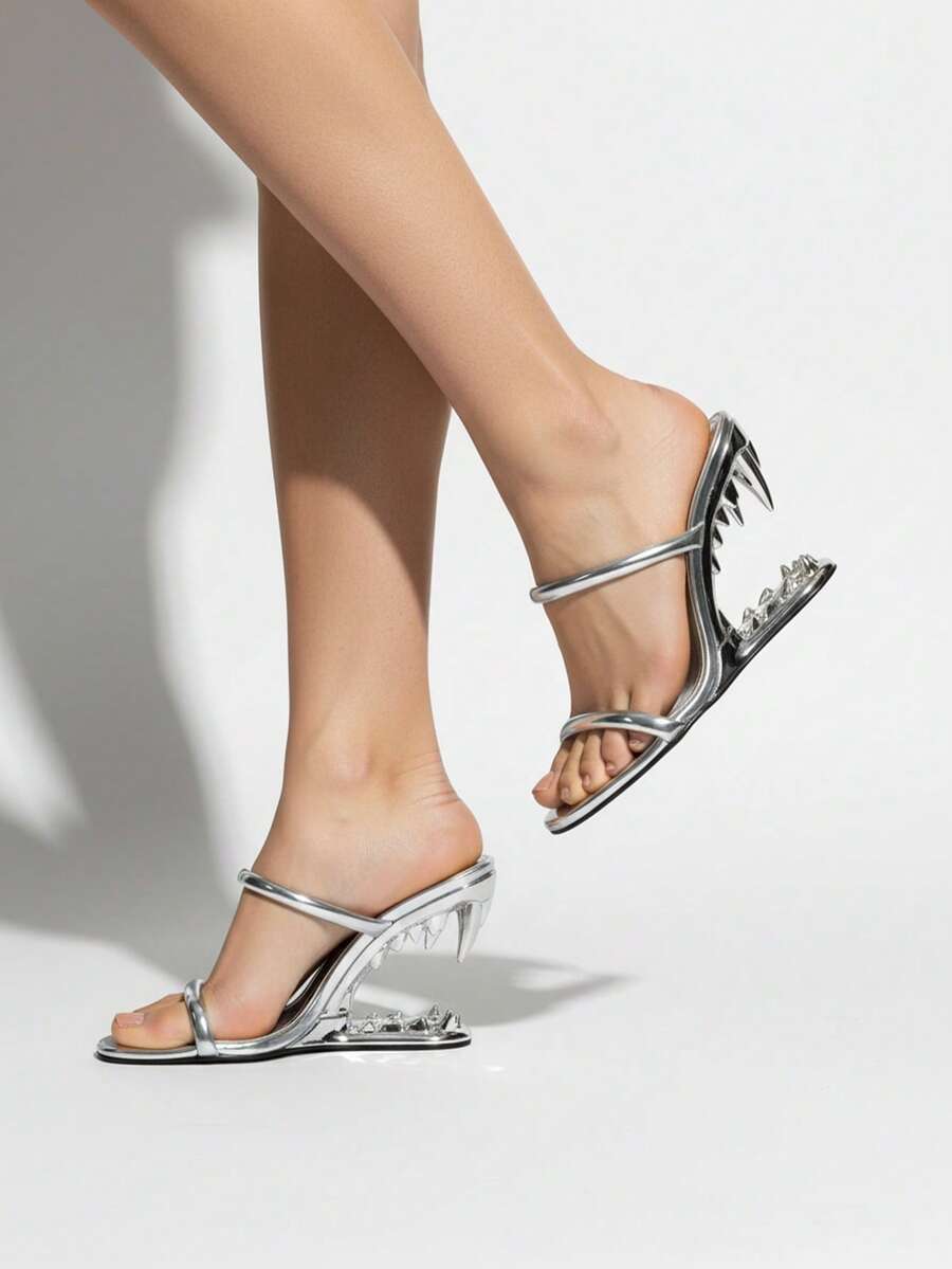 Morso Sandals For Women Shark Teeth Design High Heels Tiger Teeth Heeled Sandals Open Round Toe Slip On Strap Sandal Party Concert Outdoor Easter Gifts Dressy Spring Womens Summer Silver Heels Shoes - 銀色 - 查看 1